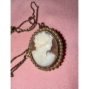 Antique Victorian 14K Gold Shell Cameo Hand Carved Profile, Seed Pearl Halo 4.4g
